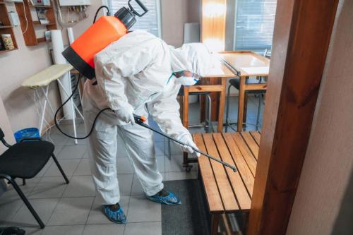 Coronavirus Pandemic. A disinfector in a protective suit and mask sprays disinfectants in the house or office